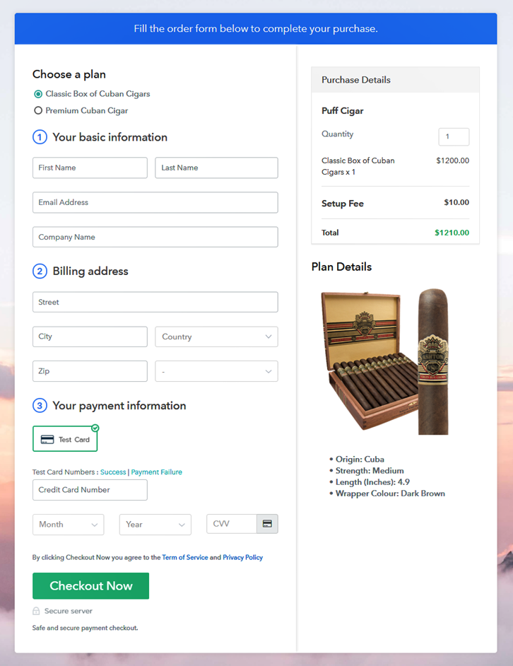 Multiplan Checkout Page to Sell Cigars Online