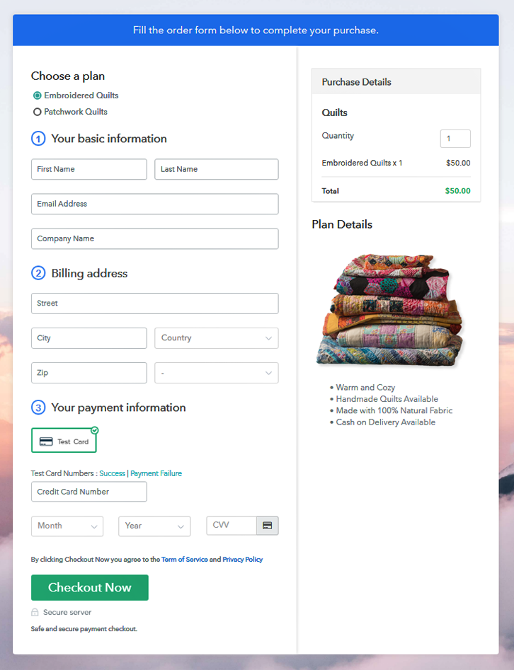 Multiplan Checkout Page to Sell Quilts Online