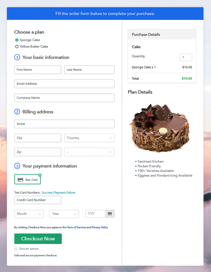 Multiplan Checkout Page to Sell Cakes Online