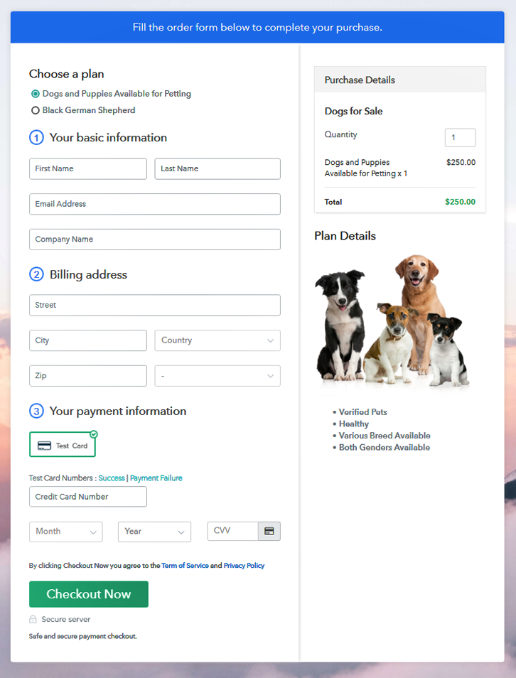 Multiplan Checkout Page to Sell Dogs Online