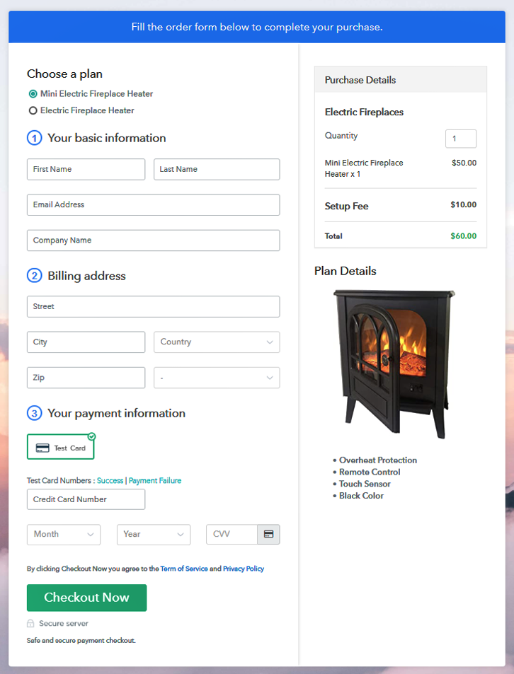 Multiplan Checkout Page to Sell Electric Fireplaces Online