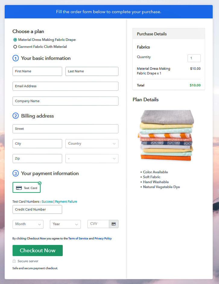 Multiplan Checkout Page to Sell Fabric Online