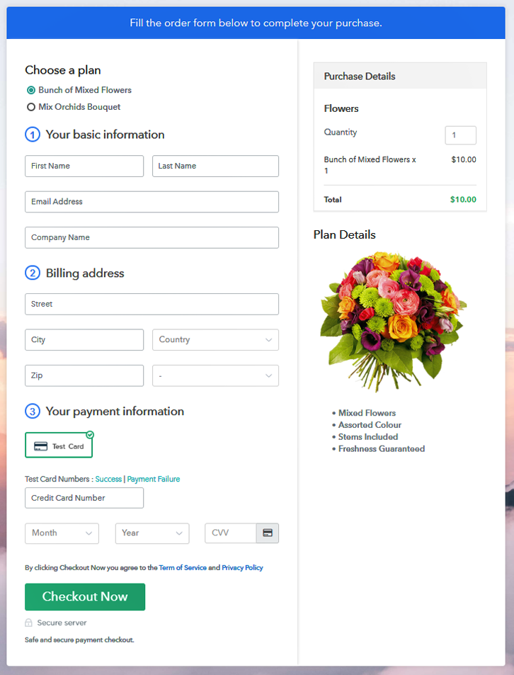 Multiplan Checkout Page to Sell Flowers Online