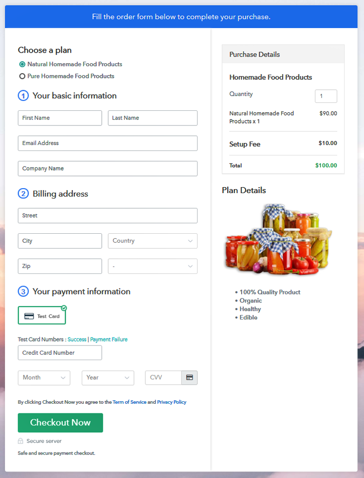 Multiplan Checkout Page to Sell Homemade Food Products Online