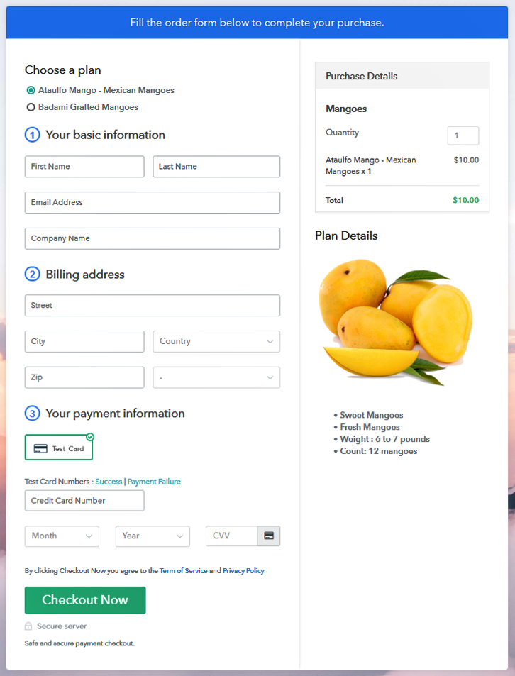 Multiplan Checkout Page to Sell Mangoes Online