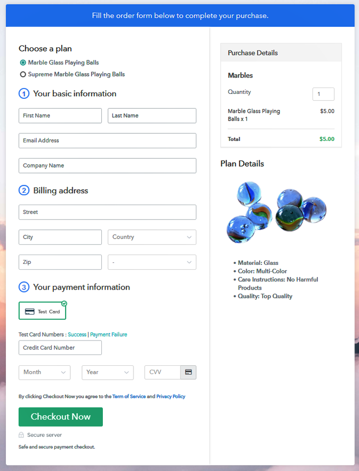 Multiplan Checkout Page to Sell Marbles Online
