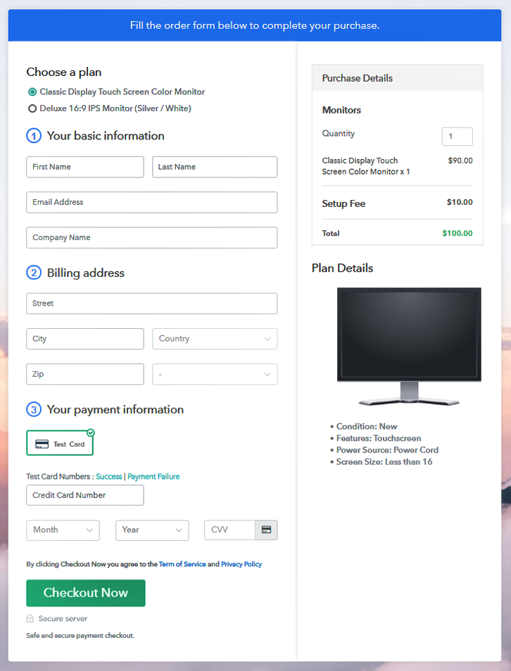 Multiplan Checkout Page to Sell Monitors Online
