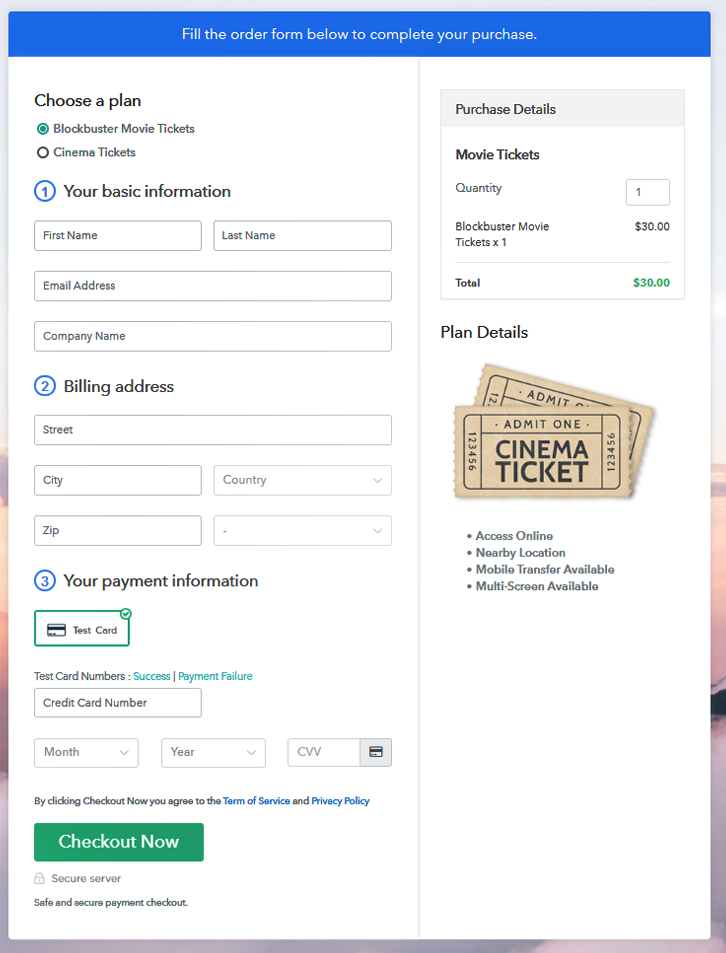 Multiplan Checkout Page to Sell Movie Tickets Online