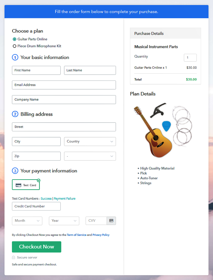 Multiplan Checkout Page to Sell Musical Instrument Parts Online