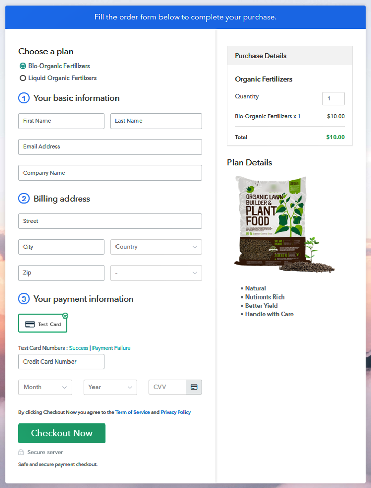 Multiplan Checkout Page to Sell Organic Fertilizers Online