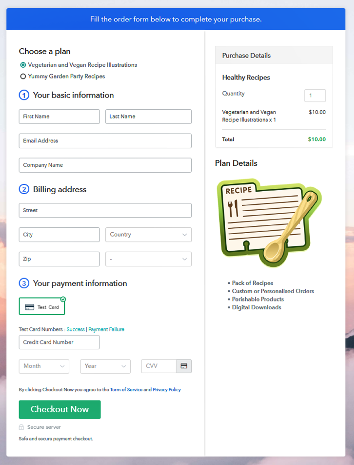 Multiplan Checkout Page to Sell Recipes Online