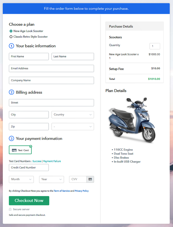 Multiplan Checkout Page to Sell Scooters Online