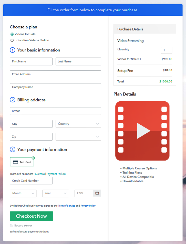 Multiplan Checkout Page to Sell Videos Online