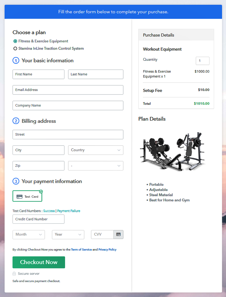 Multiplan Checkout Page to Sell Workout Equipment Online