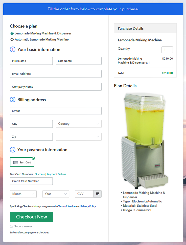 Multiplan Checkout Page to Sell Lemonade Maker Online