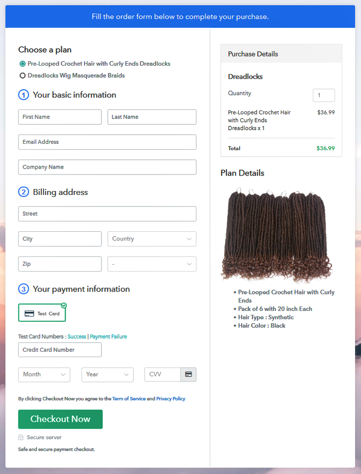 Multiplan Checkout Page to Sell Dreadlocks Online