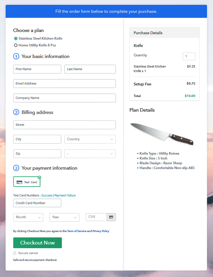 Multiplan Checkout Page to Sell Knife Online
