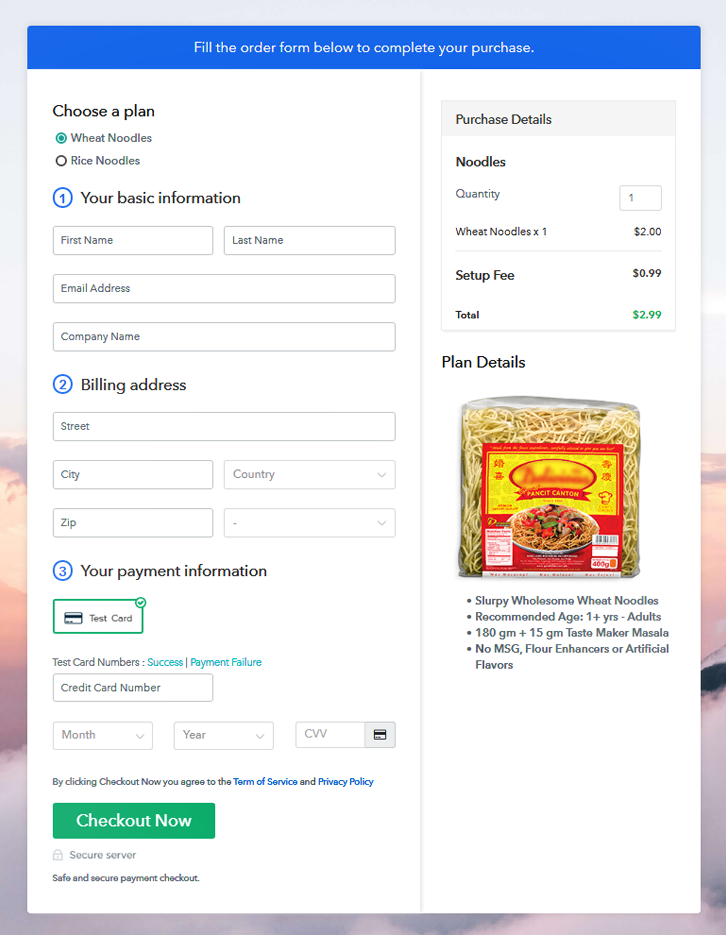 Multiplan Checkout Page to Sell Noodles Online