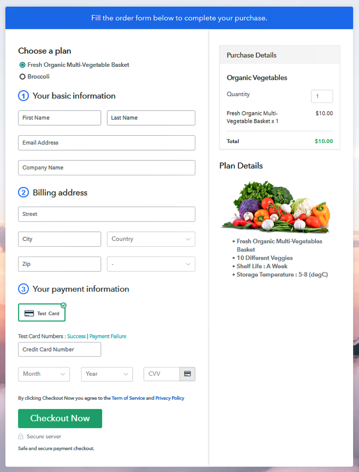 Multiplan Checkout Page to Sell Organic Vegetables Online
