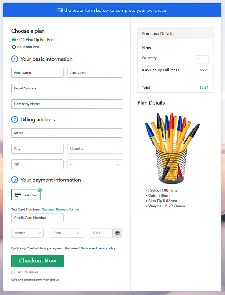 Multiplan Checkout Page to Sell Pens Online