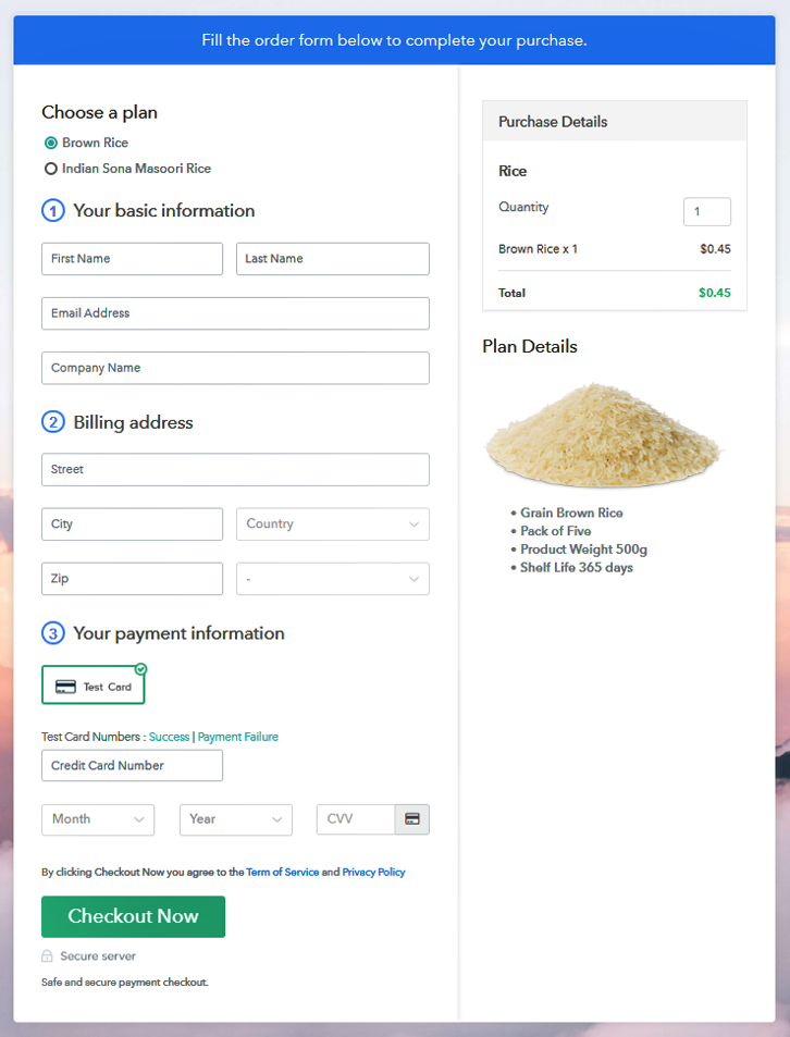 Multiplan Checkout Page to Sell Rice Online
