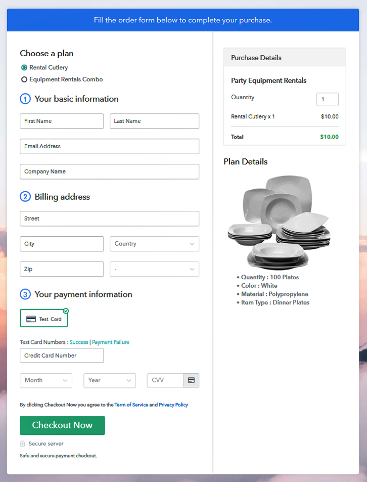 Multiplan Checkout Page to Sell Party Equipment Online