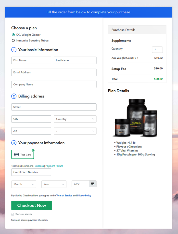 Multiplan Checkout Page to Sell Supplements Online