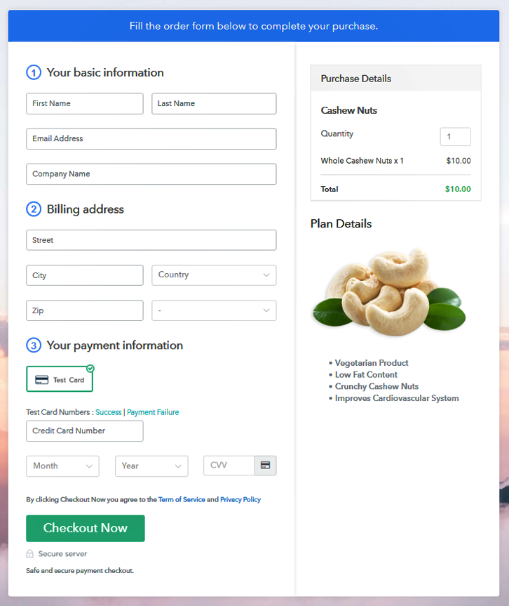 Checkout Page to Sell Cashew Nuts Online