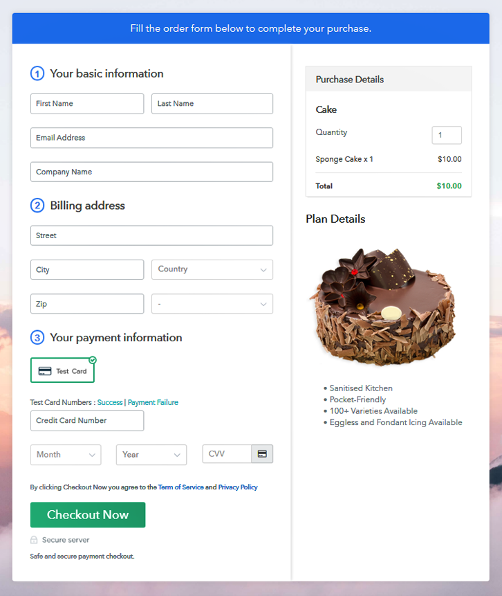 Checkout Page Preview to Sell Cakes Online