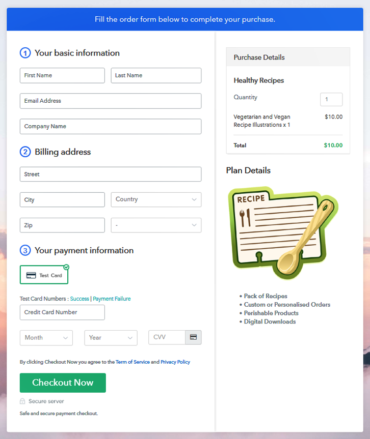 Checkout Page to Sell Recipes Online
