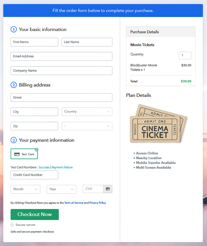 Checkout Page to Sell Movie Tickets Online