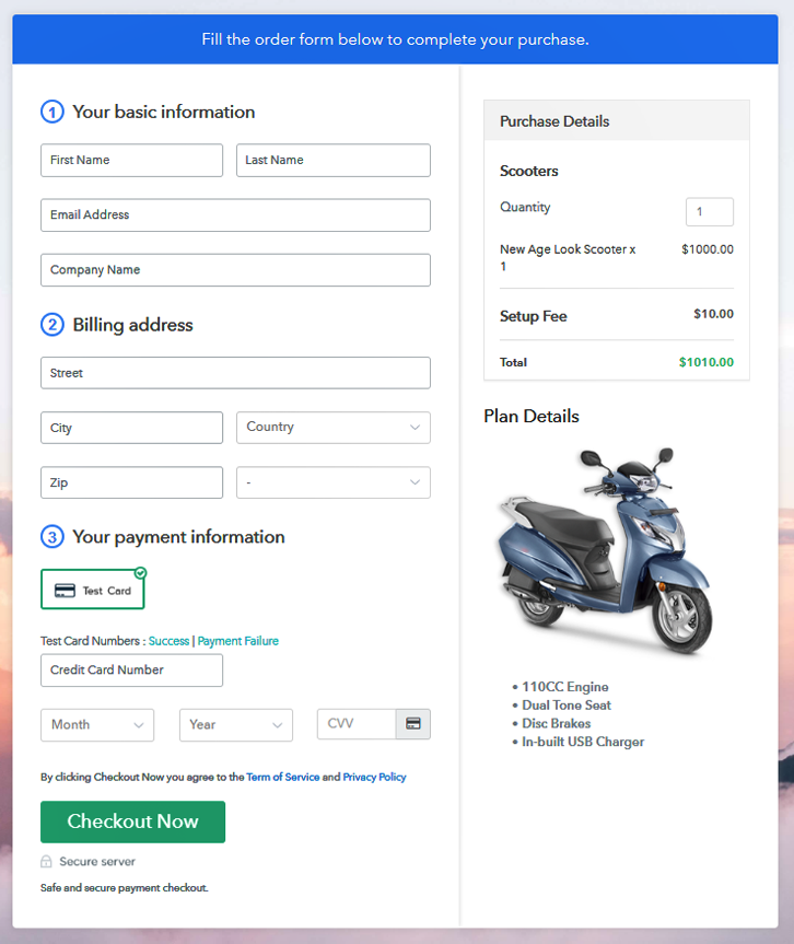 Checkout Page to Sell Scooters Online