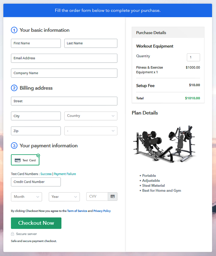 Checkout Page to Sell Workout Equipment Online