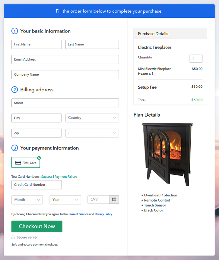 Checkout Page to Sell Electric Fireplaces Online