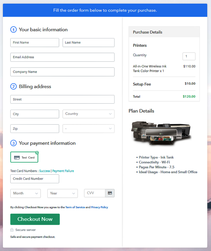 Checkout Page to Sell Printers Online