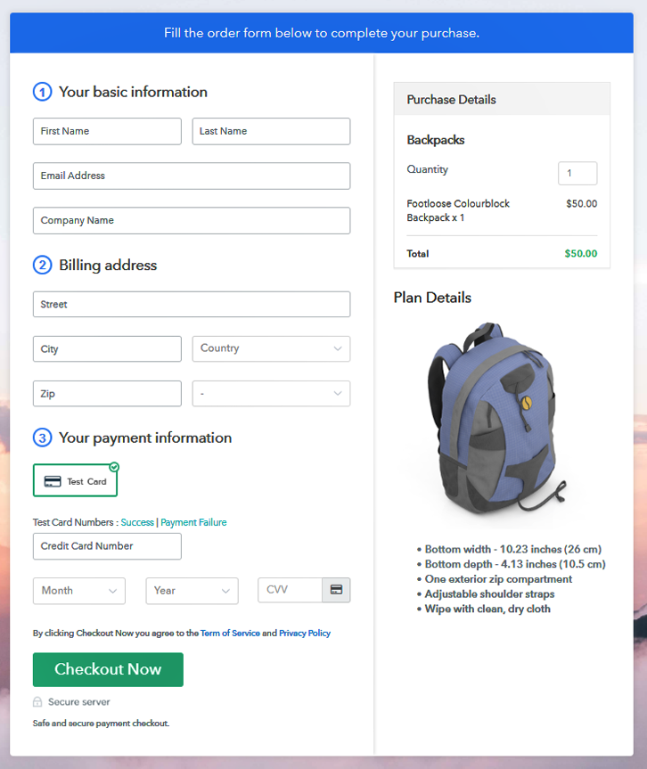 Preview Checkout Page to Start Backpacks Business Online