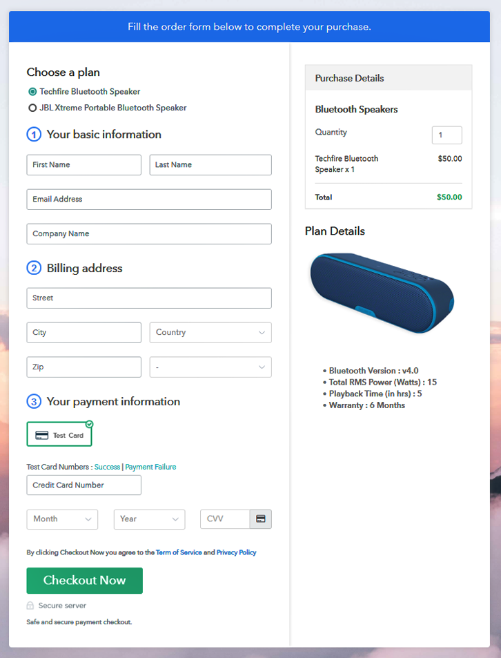 Multiplan Checkout Page to Start Bluetooth Speakers Business Online