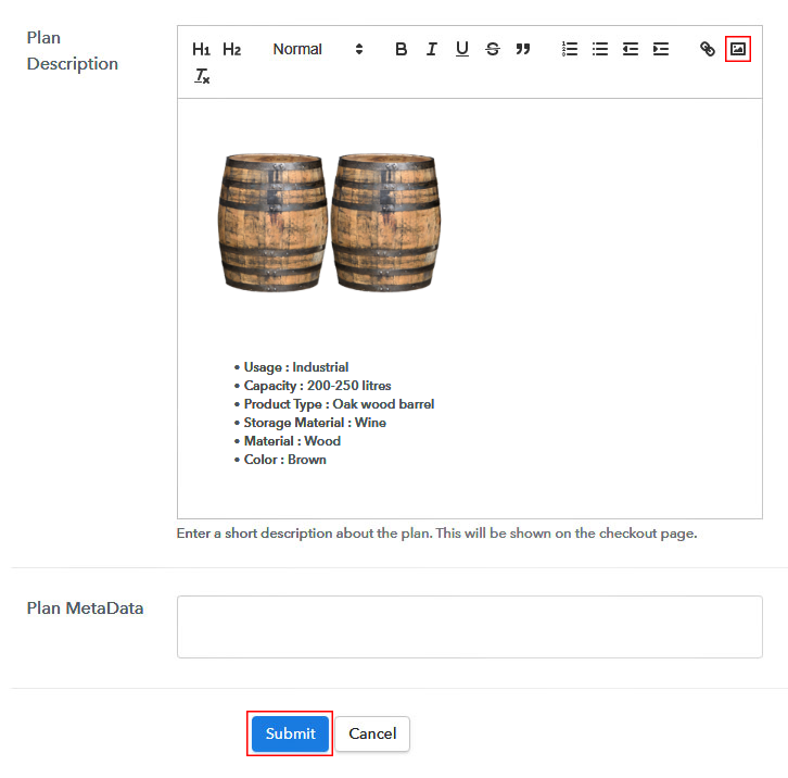 Add Description to Sell Barrels Online