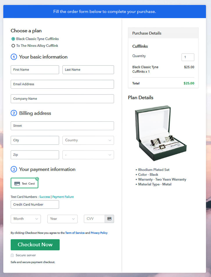 Multiplan Checkout Page to Sell Cufflinks Online