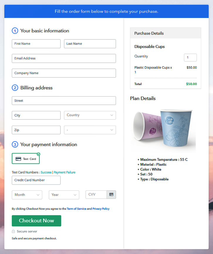 Final View Of Checkout to Sell Disposable Cups Online