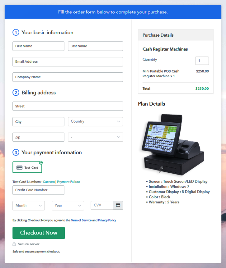 Checkout Page to Start Cash Register Machine Business Online
