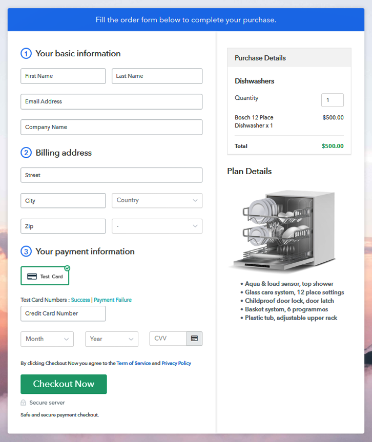 Checkout Page to Sell Dishwashers Online