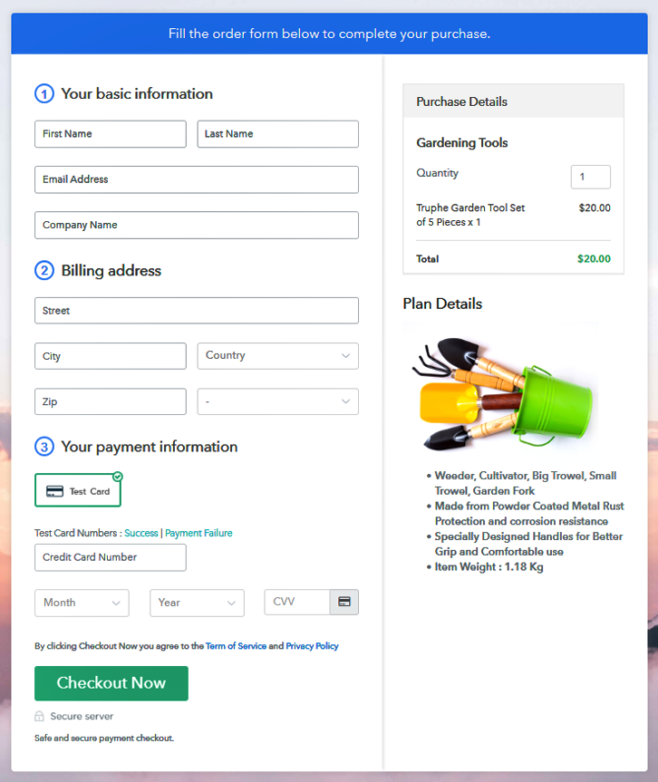 Checkout Page to Sell Gardening Tools Online