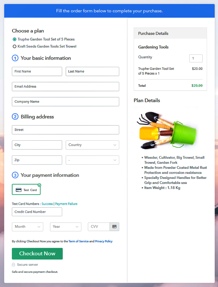 Multiplan Checkout Page to Sell Gardening Tools Online