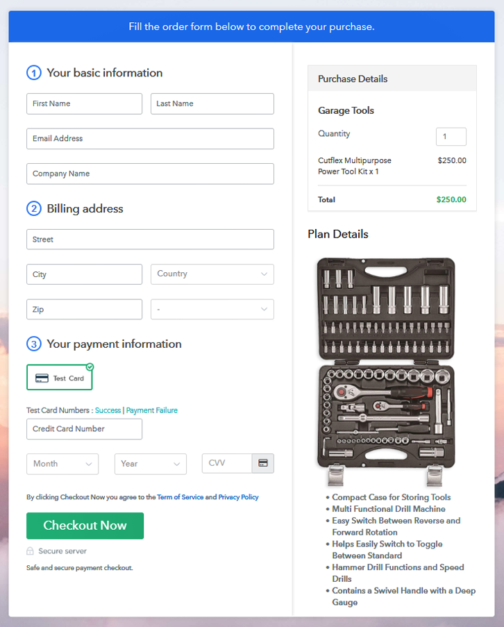 Checkout Page to Sell Garage Tools Online