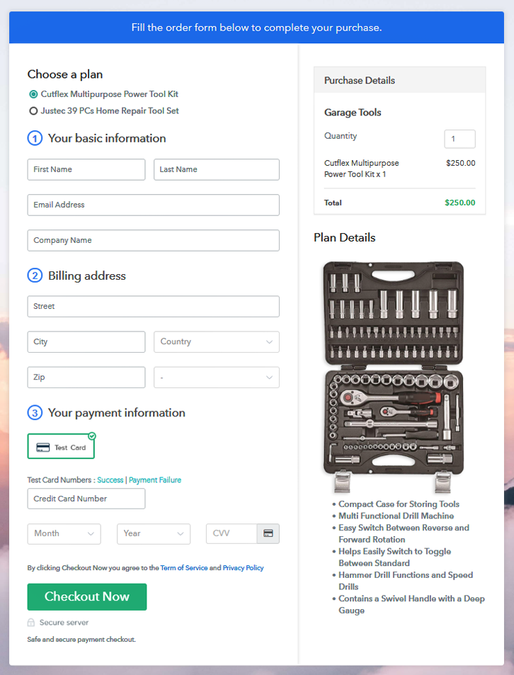Multiplan Checkout Page to Sell Garage Tools Online