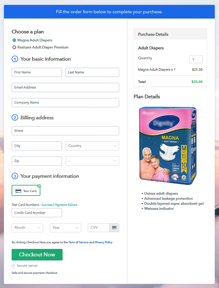 Multiplan Checkout Page to Start Adult Diapers Business Online