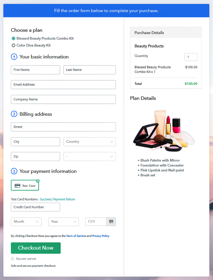 Multiplan Checkout Page to Start Beauty Products Business Online