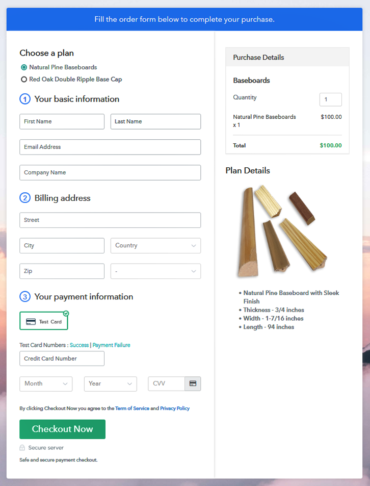 Multiplan Checkout Page to Sell Baseboards Online