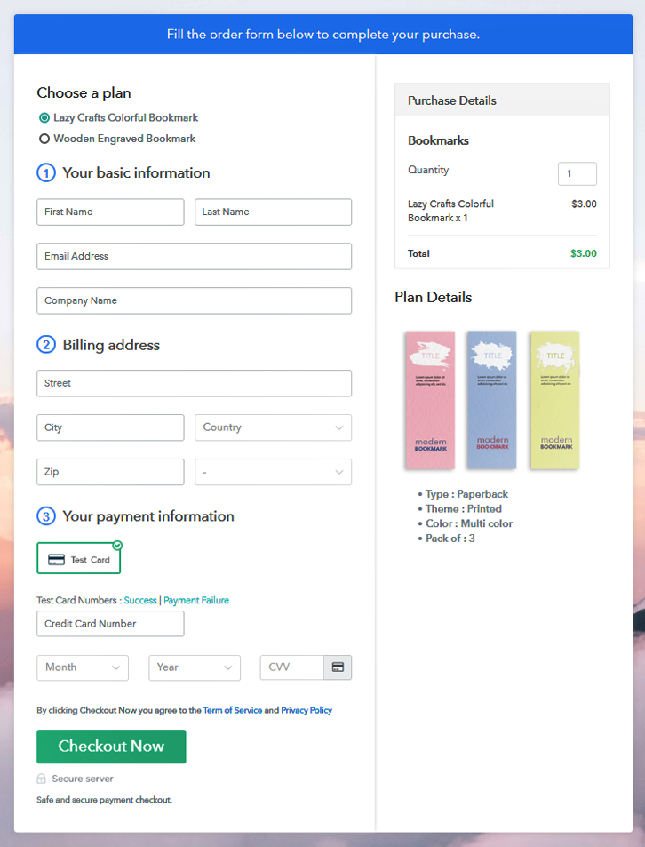Multiplan Checkout Page to Sell Bookmarks Online